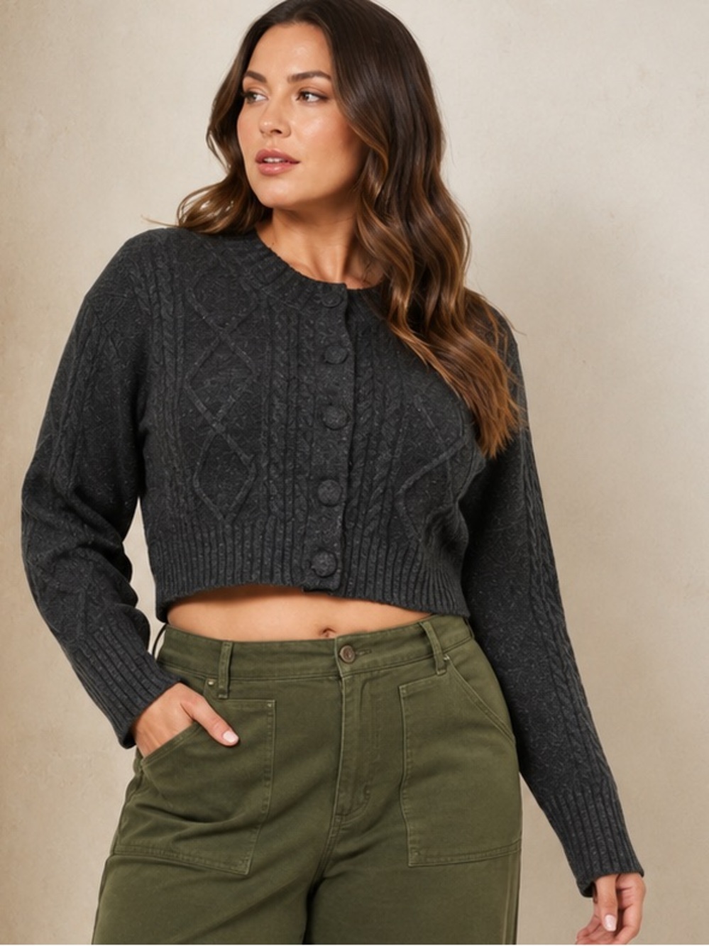 Gianni Bini Gray Wool Blend Cable Knit Cropped Cardigan XL NWT